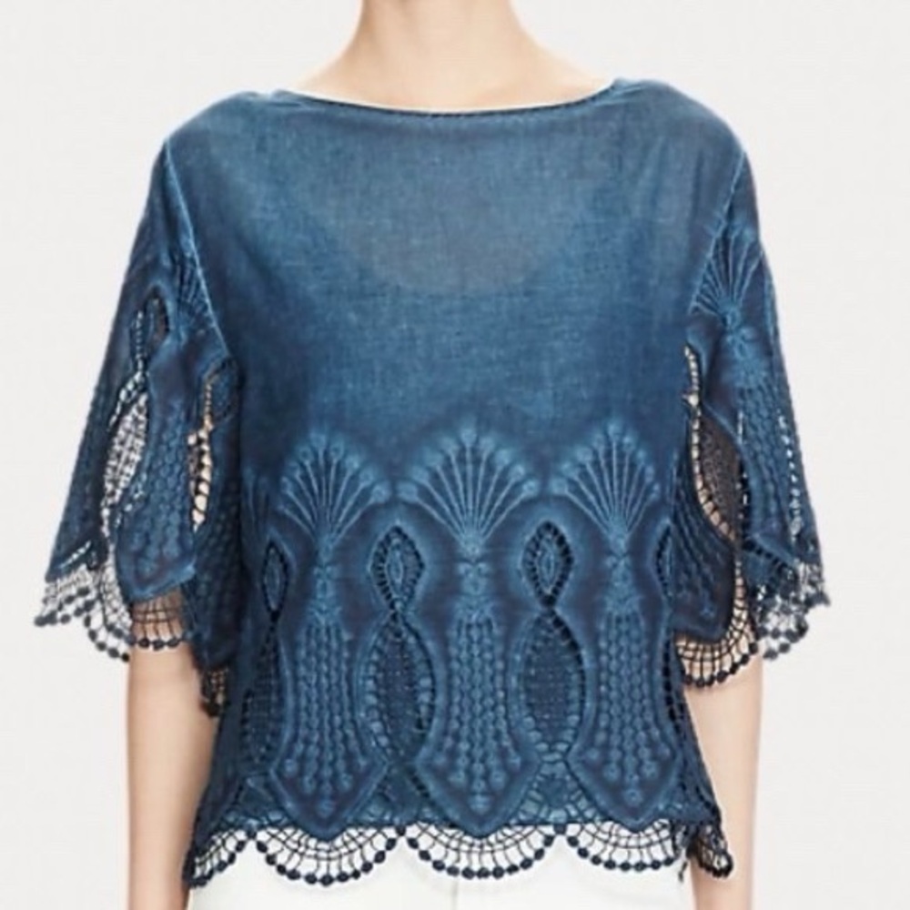 Lauren Ralph Lauren True Indigo Scalloped-Trim Cotton Top Size S